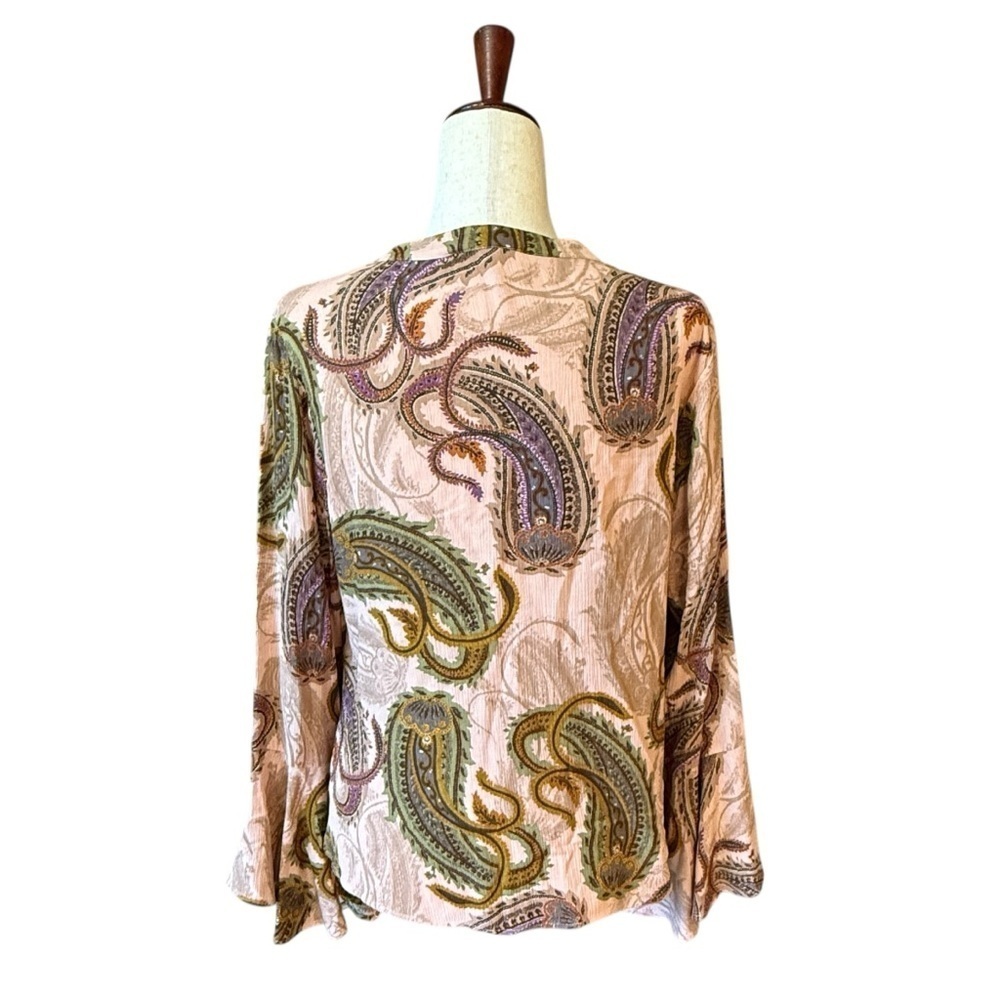 DR2 Paisley Print Button Front V-Neck Flutter Sleeve Top Pink Green Size M #1497 - Picture 2 of 6